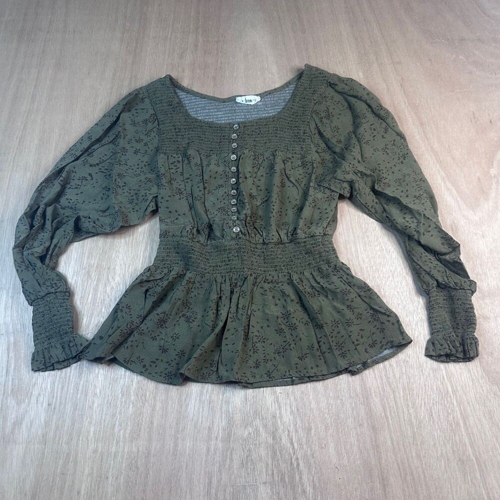 In Loom Women’s Peasant Blouse Olive Green Floral Smocked Boho Top S Fall